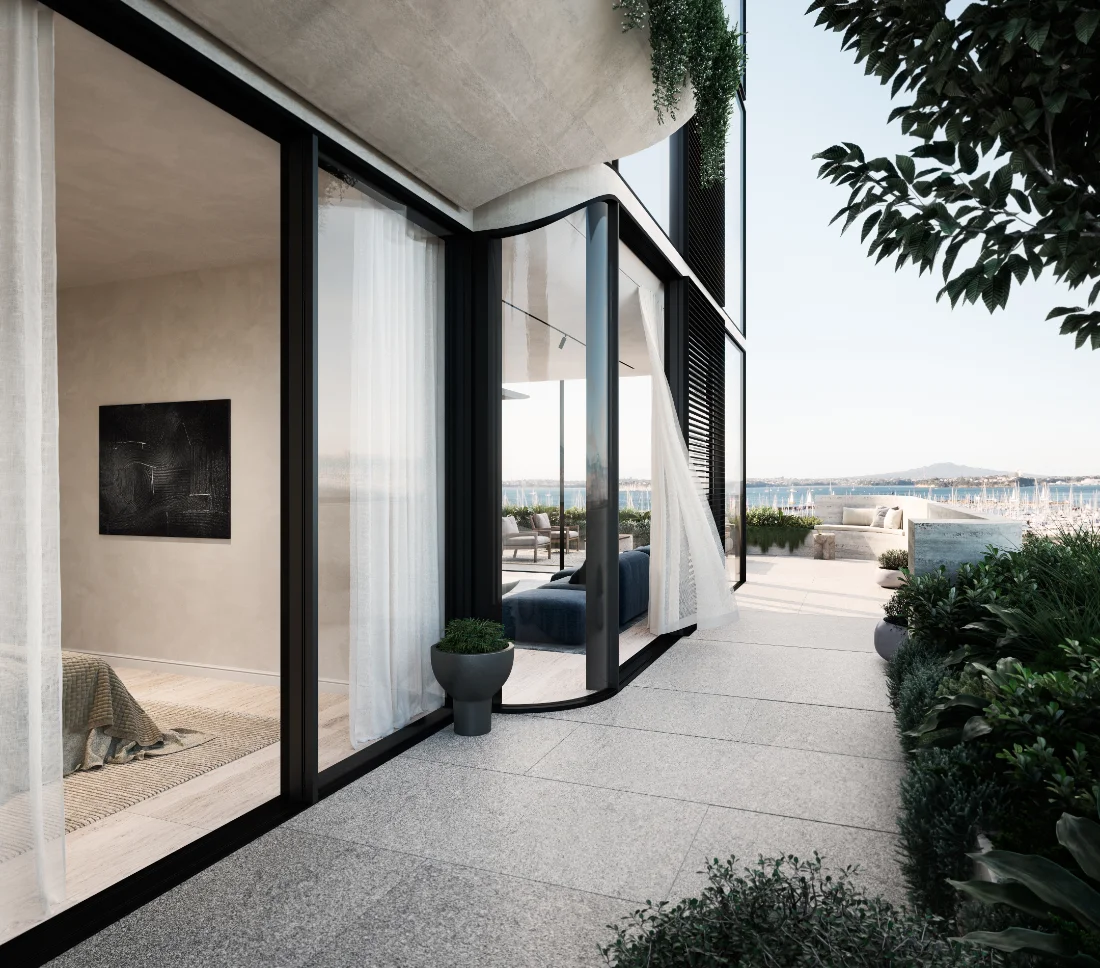 Curved glazing opening onto a planted terrace
