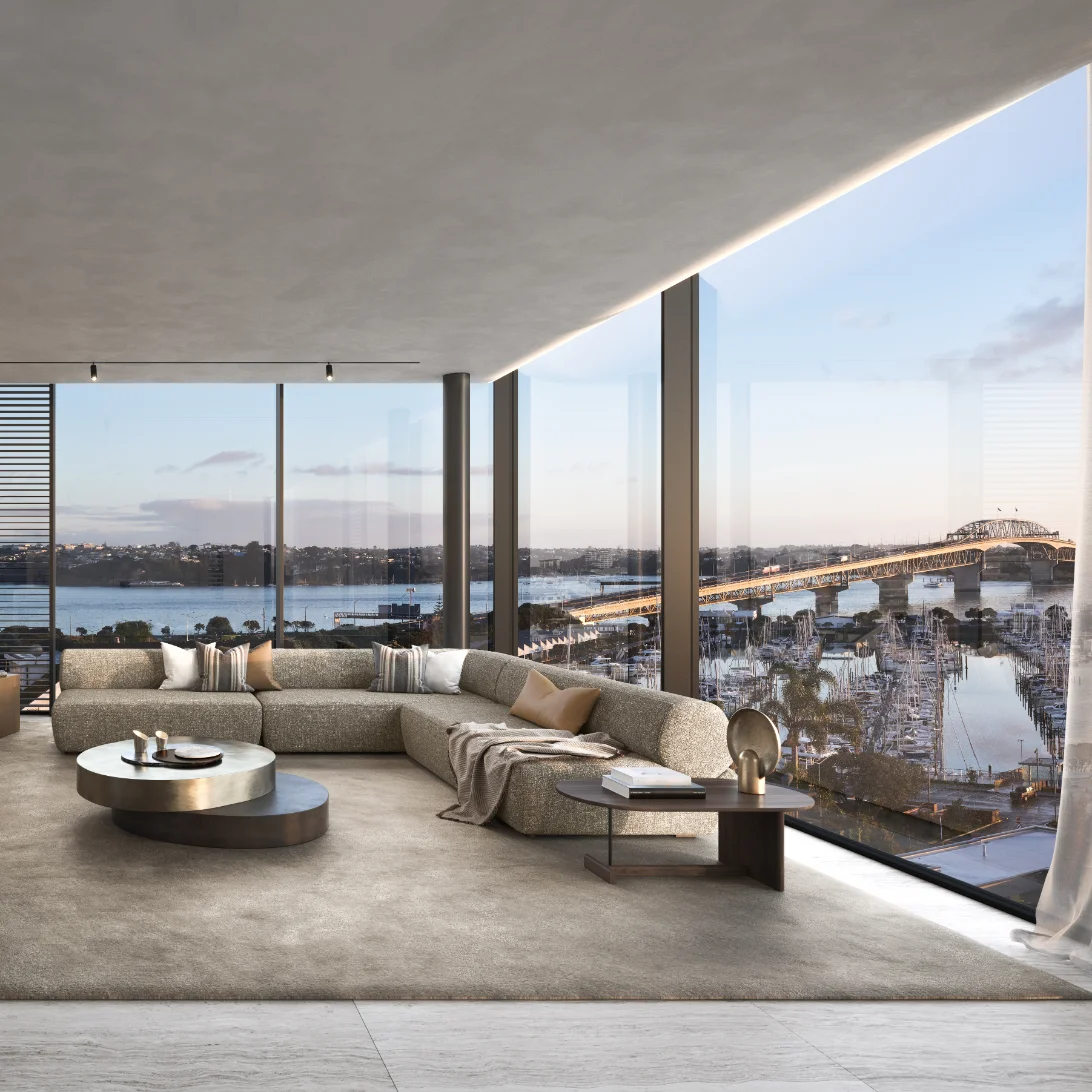 Living room with harbour outlook