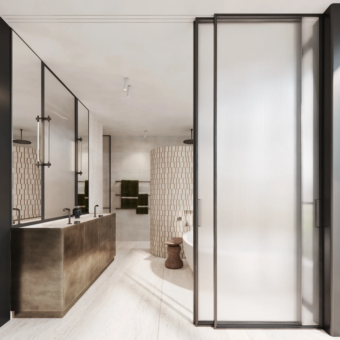 Ensuite with fluted glass doors open to the bath