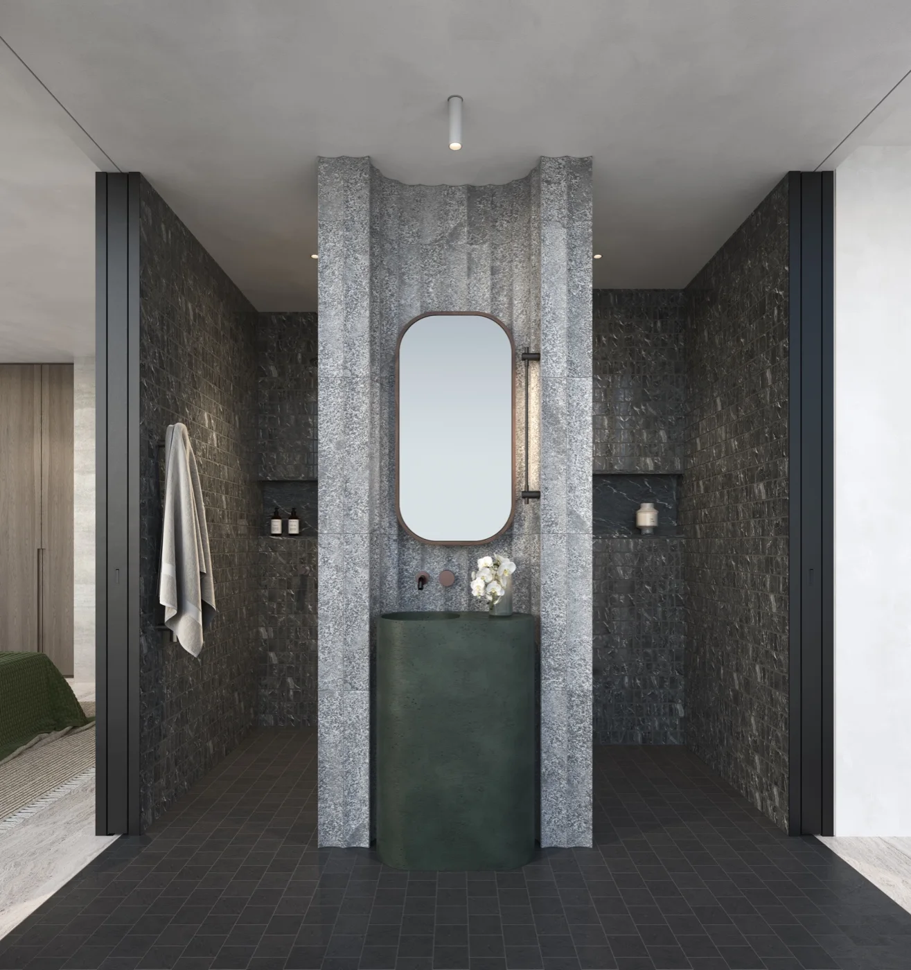 Second bathroom in dark stone with a pedestal basin