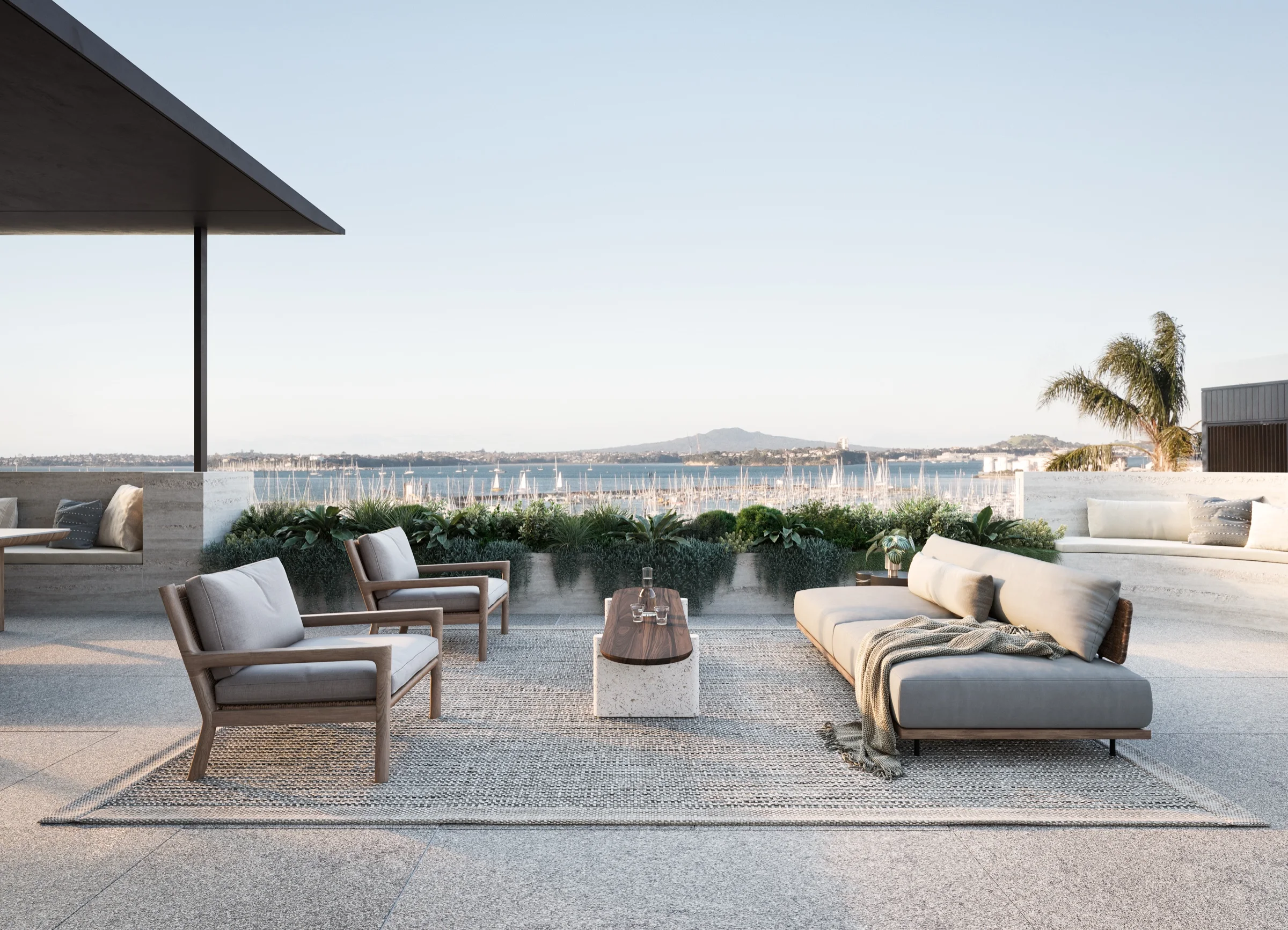 Eastern Terrace residence — terrace seating overlooking the harbour and Rangitoto