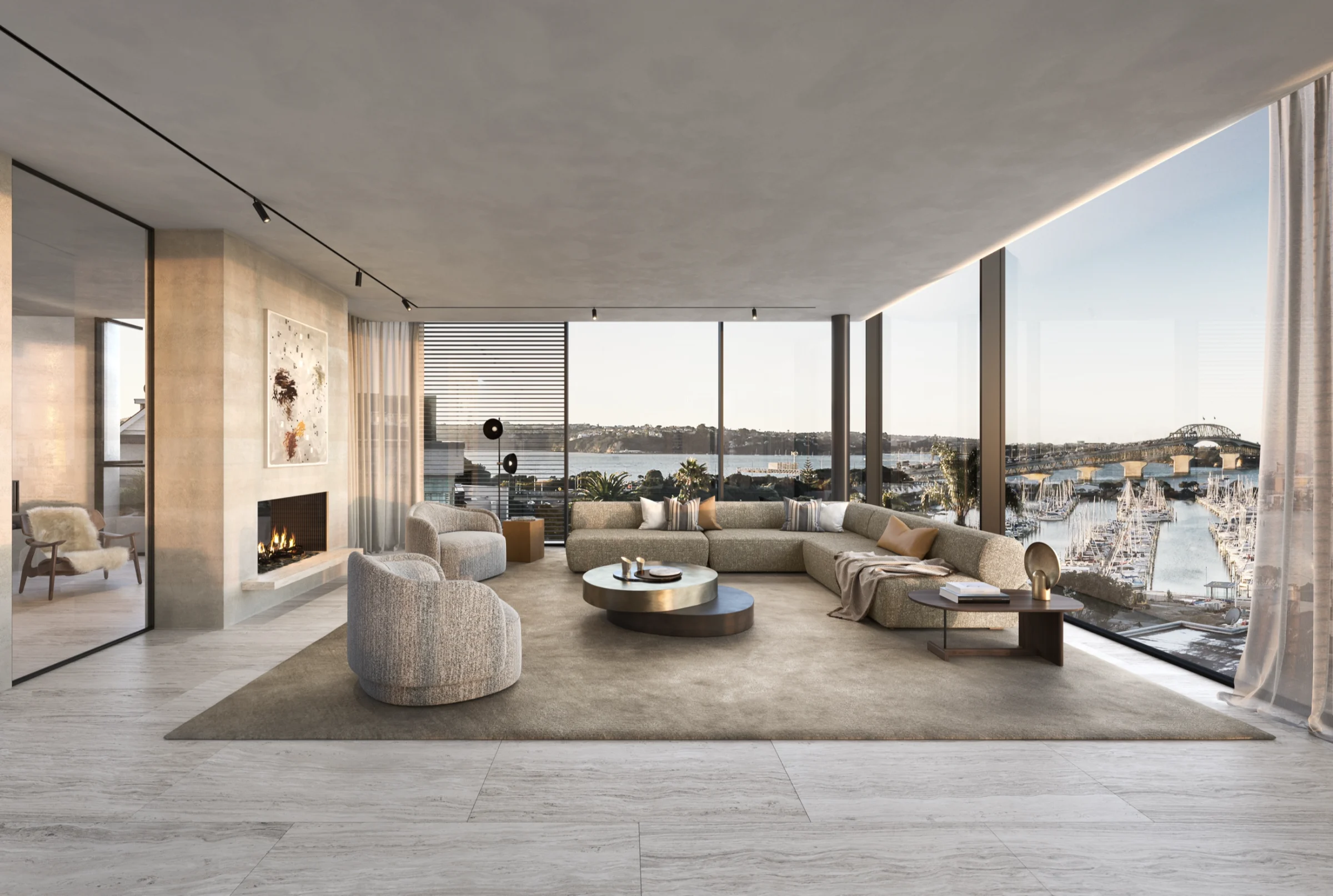 Level One West residence — living room with harbour and Harbour Bridge views